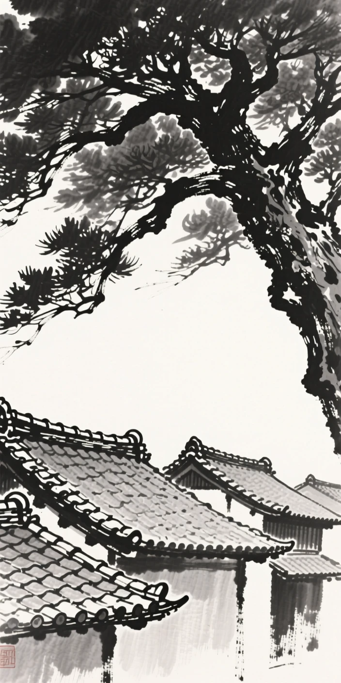 A row of traditional tiled rooftops beneath the shade of an ancient tree, viewed from below to emphasize its quiet grandeur, capturing a serene blend of nature and human presence.