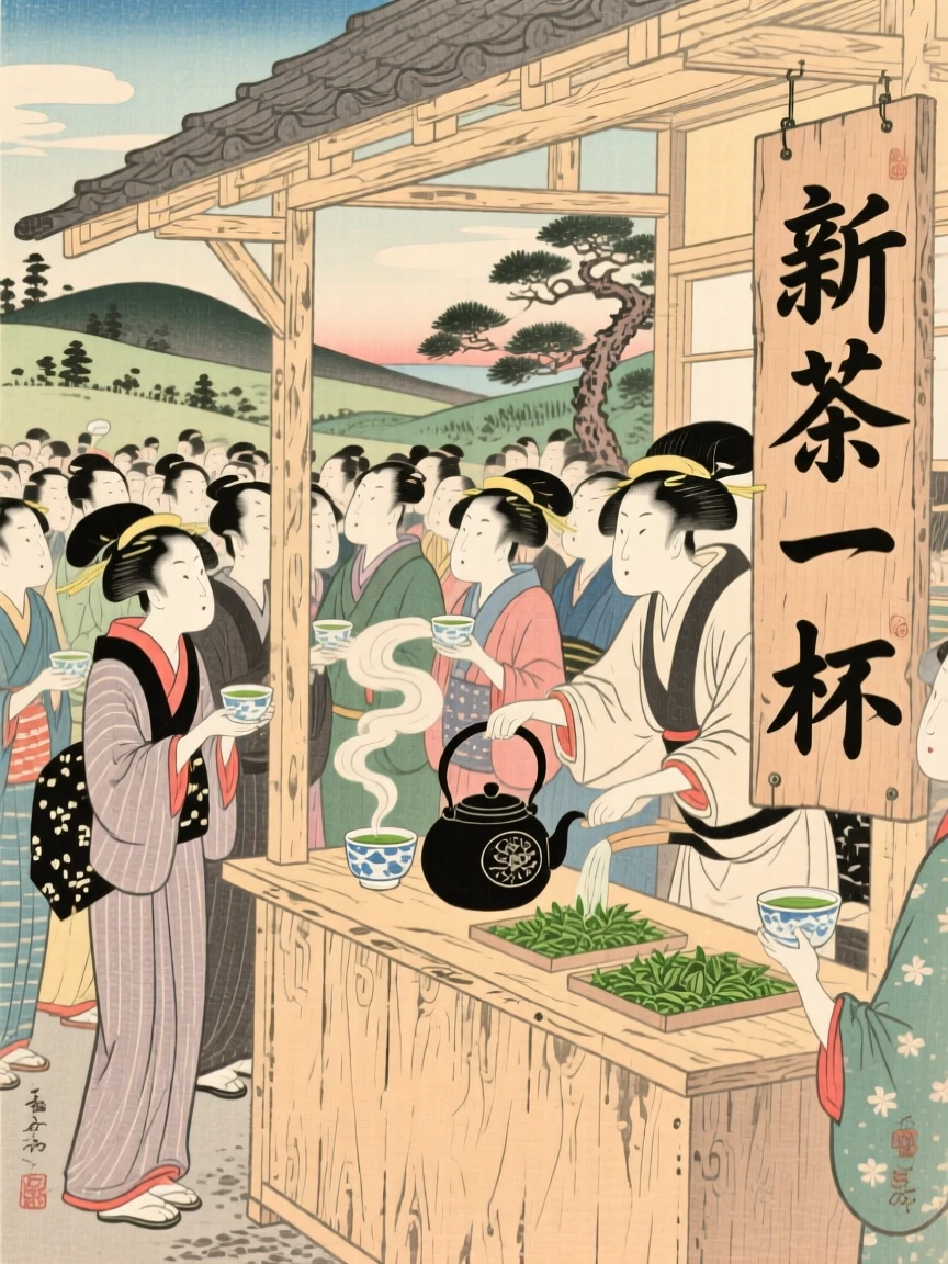 A crowd of commuters steeping fresh leaves behind a wooden counter.