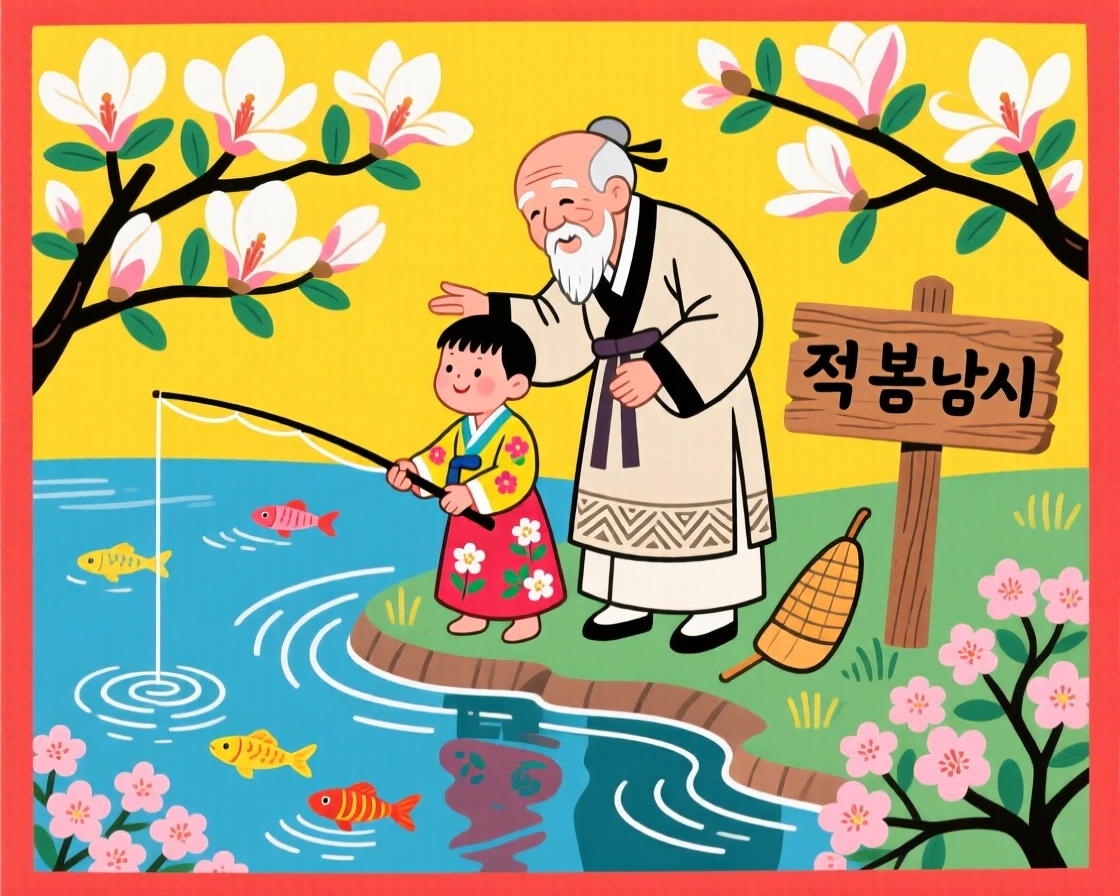 An old man teaching his grandson to fish, during the first spring bloom.
