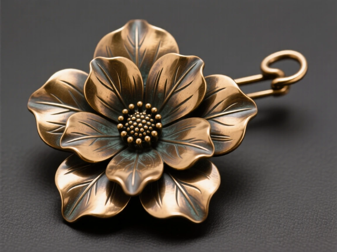 A decorative brooch shaped like a blooming flower, with intricate craftsmanship on full display, radiating elegance and refinement