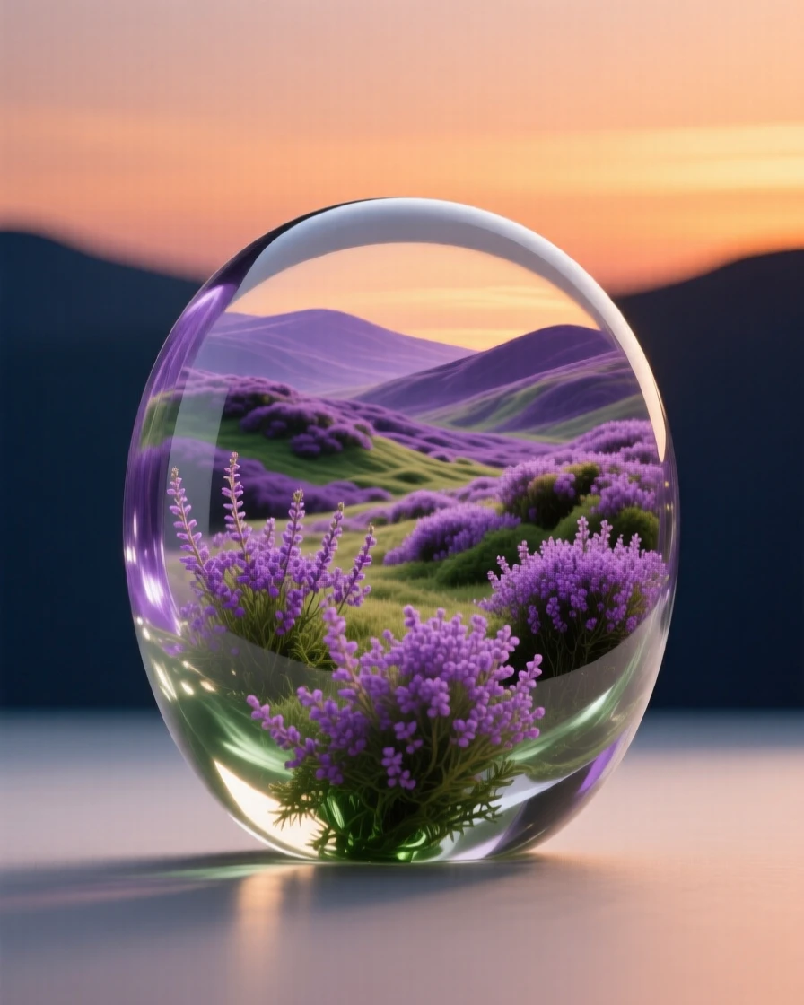A highland moor covered in purple heather bathed in the warm glow of sunset, rich saturated colors, evoking a deep sense of wonder.