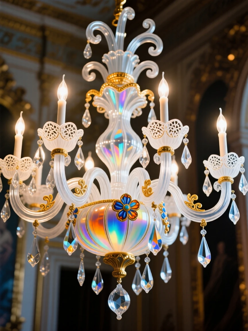 A crystal chandelier casting prismatic light across a grand hall, opulent and dazzling.