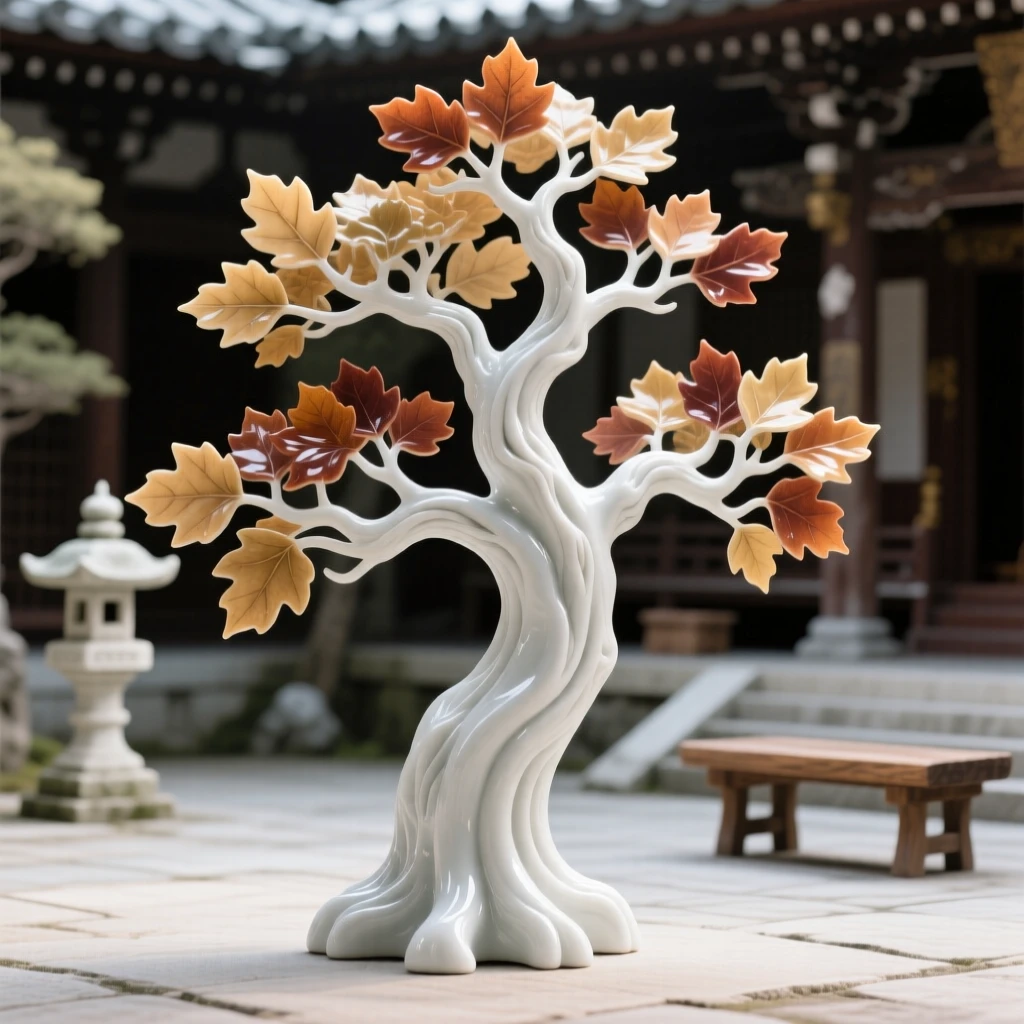 A ancient oak tree glowing with autumn color in a tranquil temple courtyard.