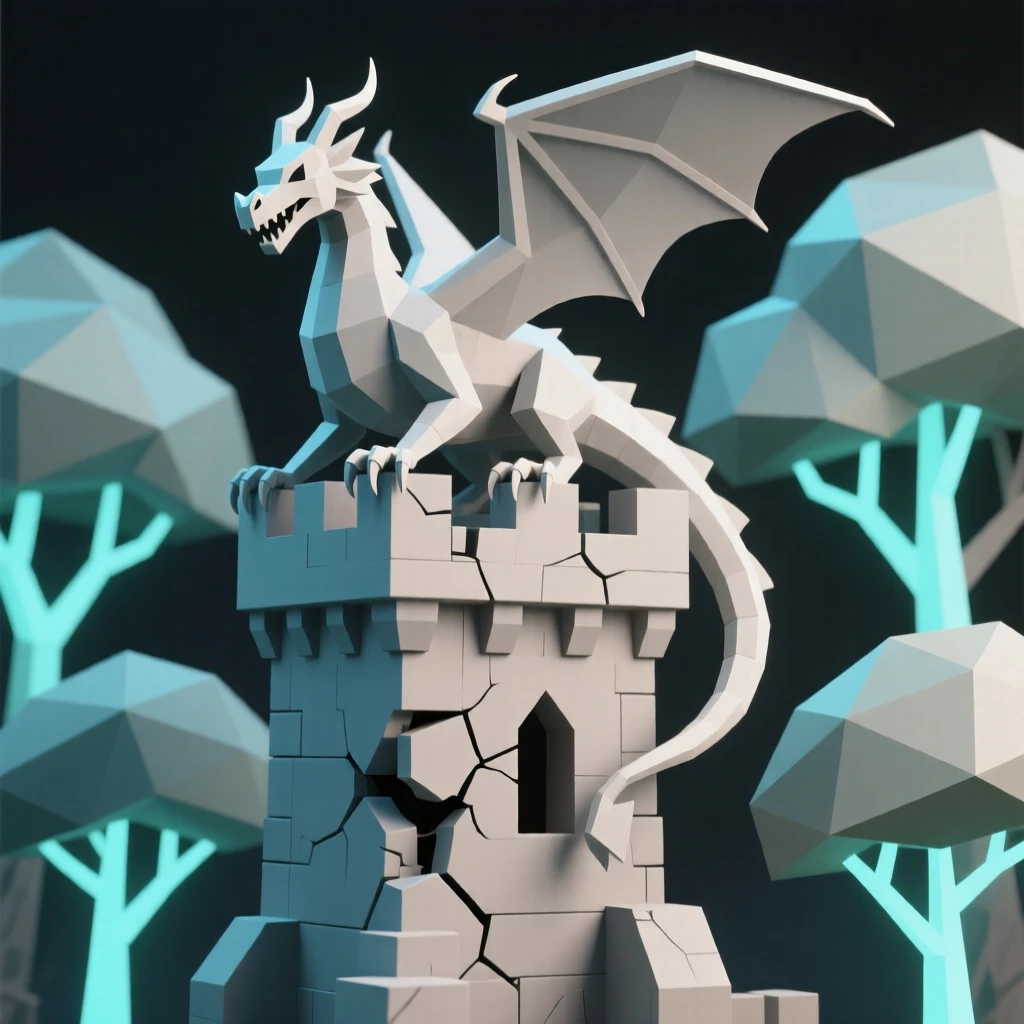 A majestic dragon perched atop a crumbling tower, beneath a canopy of glowing, otherworldly trees. intricate details enrich the ancient architecture. There is an air of ancient mystery.