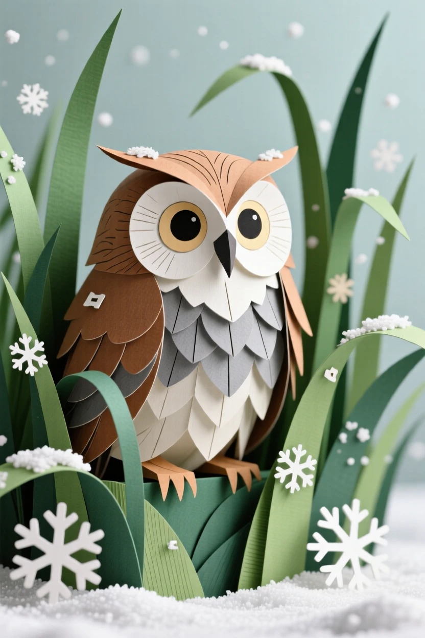 A wise old owl peeking out from tall grass, with fresh snowflakes settling on its coat, evoking tenderness and family bonds.