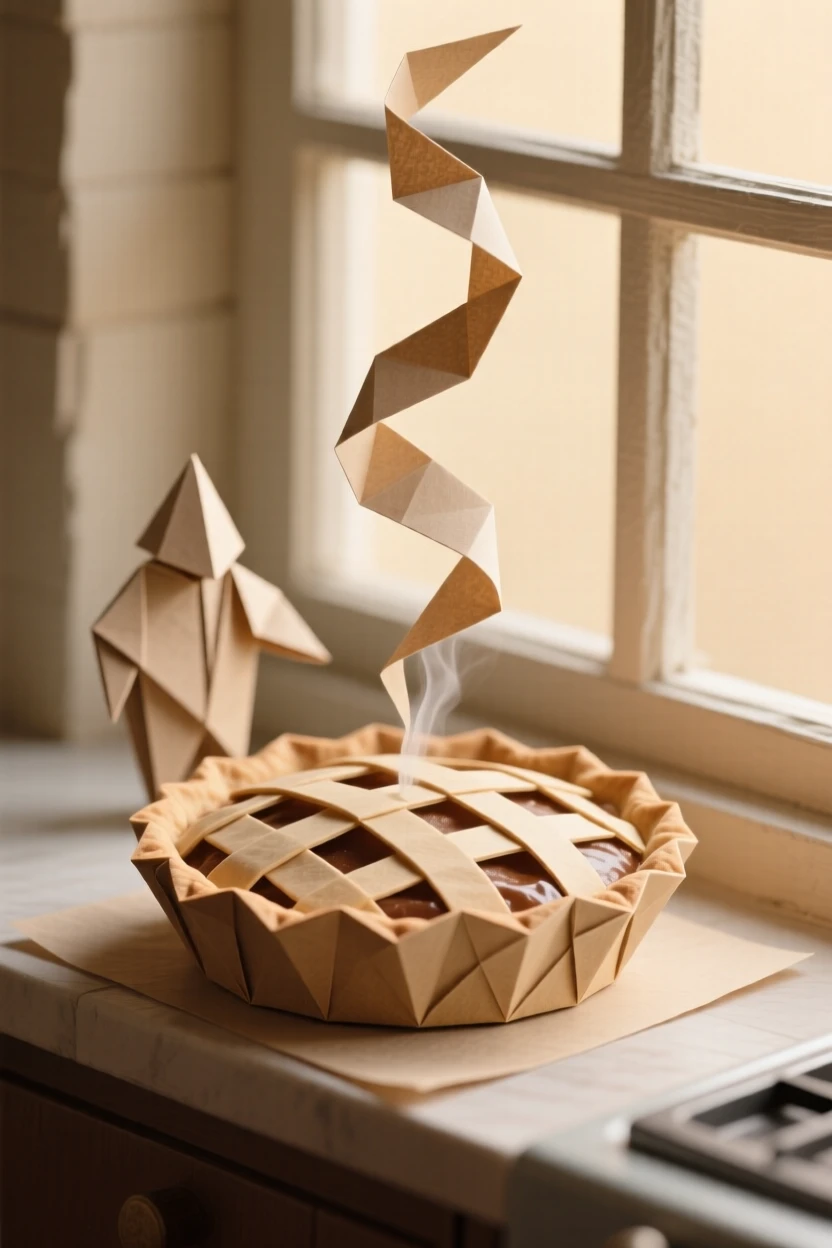 A warm kitchen scene with a pie cooling on the windowsill, steam curling upward.