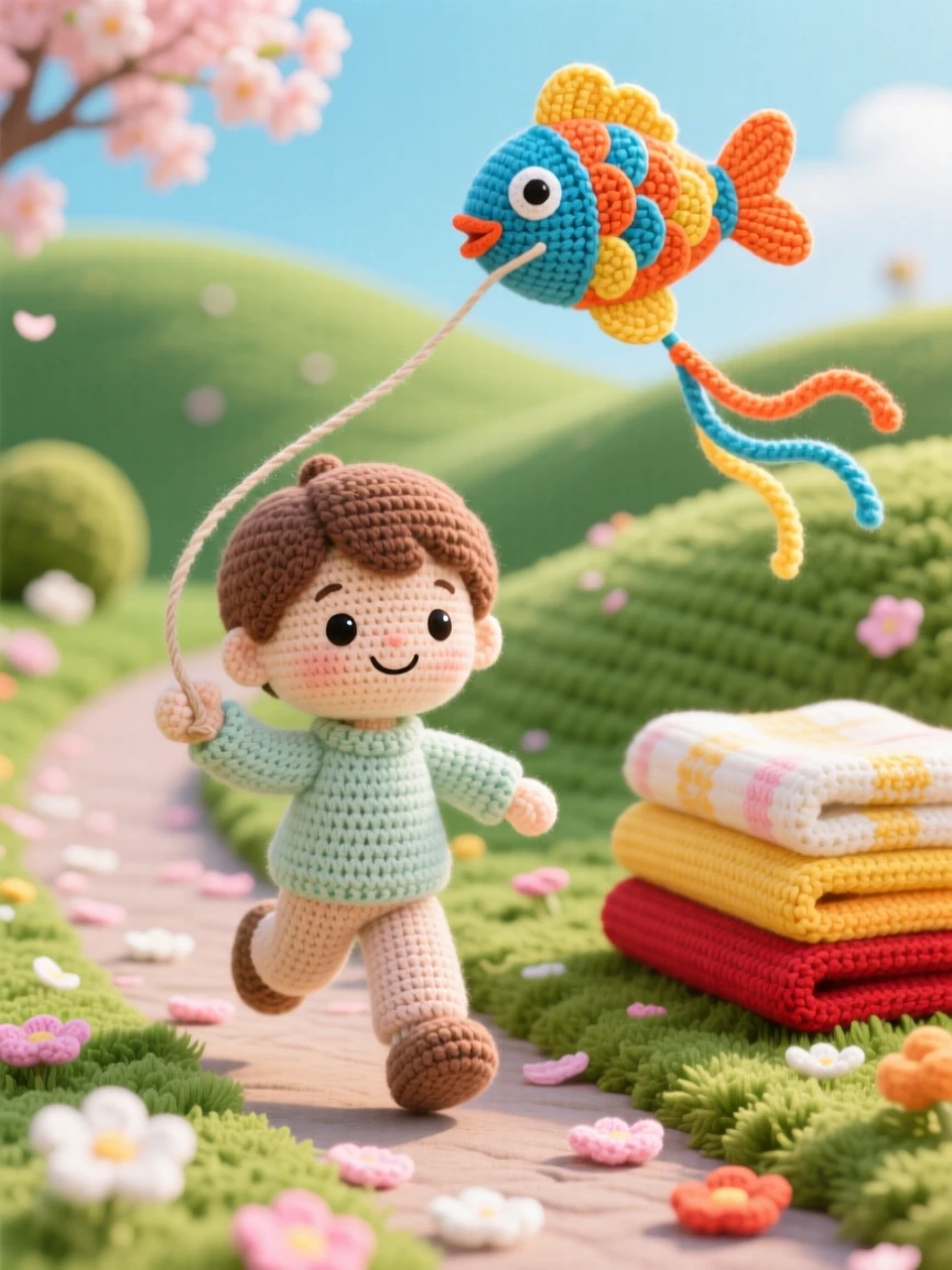 A festive scene of a small boy with a kite shaped like a fish running along a spring hillside, watching the kite dip and soar within a peaceful garden path scattered with fallen petals; a stack of warm blankets nearby, radiating bright cheerful energy of a special day.