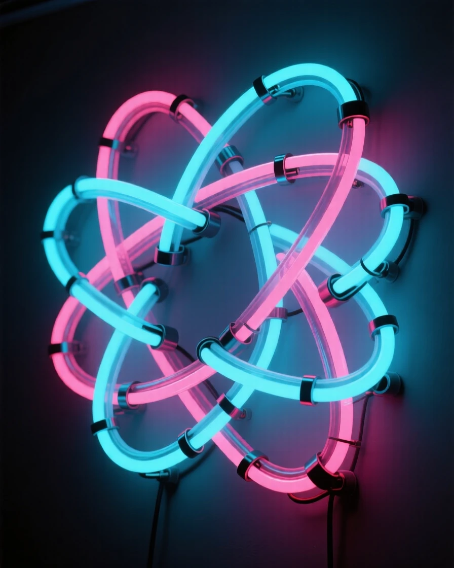 A woven lattice of ribbons twisting into a symmetrical knot.