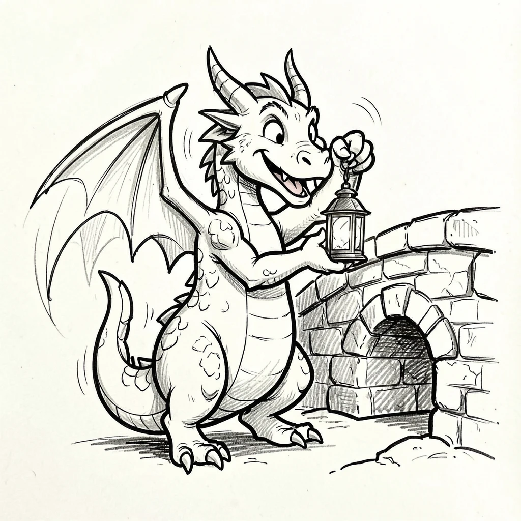 A dragon carrying a lantern in its claws beside an old stone bridge.