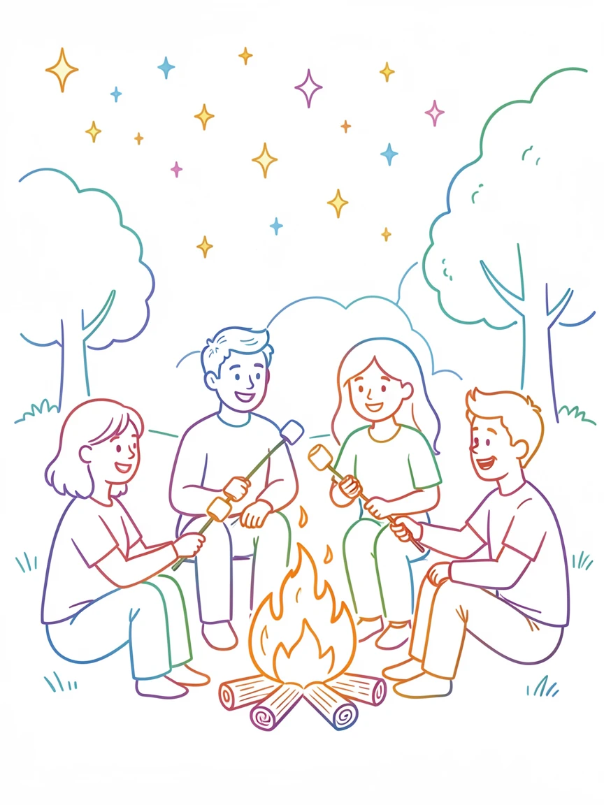 A family gathered around a campfire roasting marshmallows under the stars.