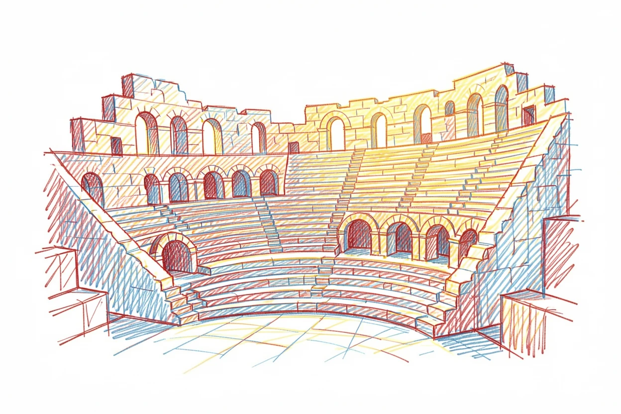 An ancient amphitheater bathed in the golden light of late afternoon