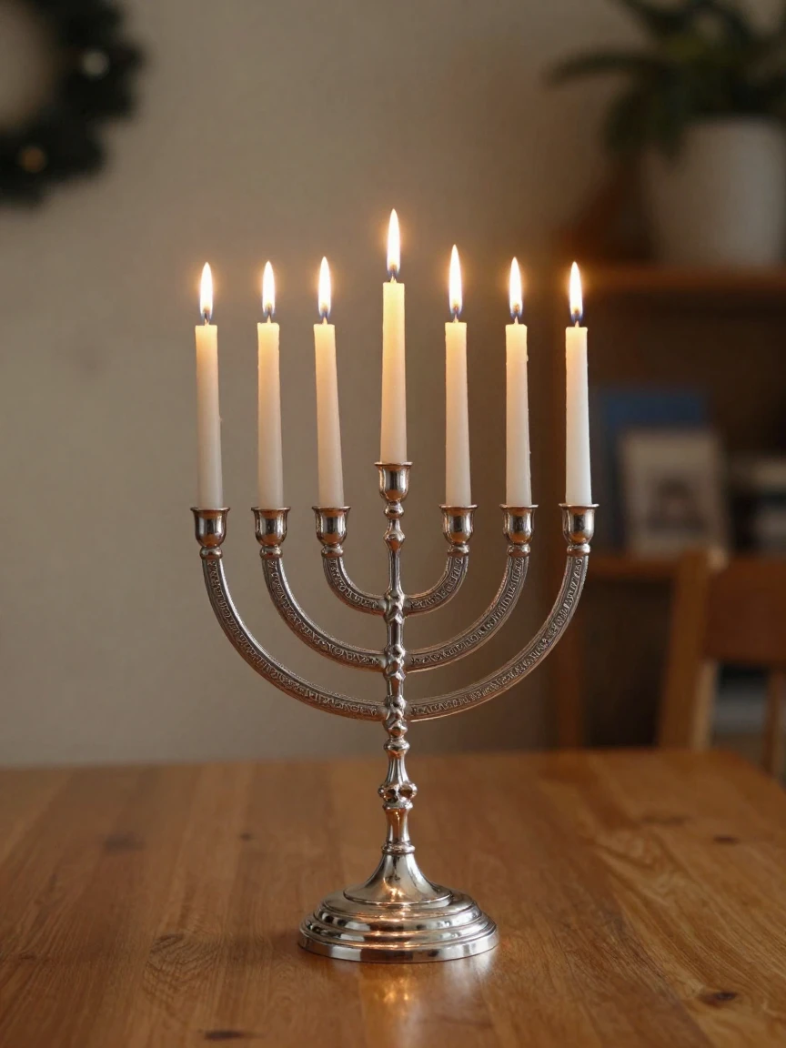 A Hanukkah menorah glowing with lit candles