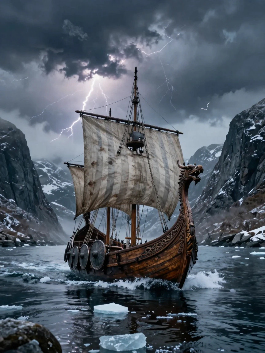 A Viking longship cutting through icy fjord waters under a stormy sky