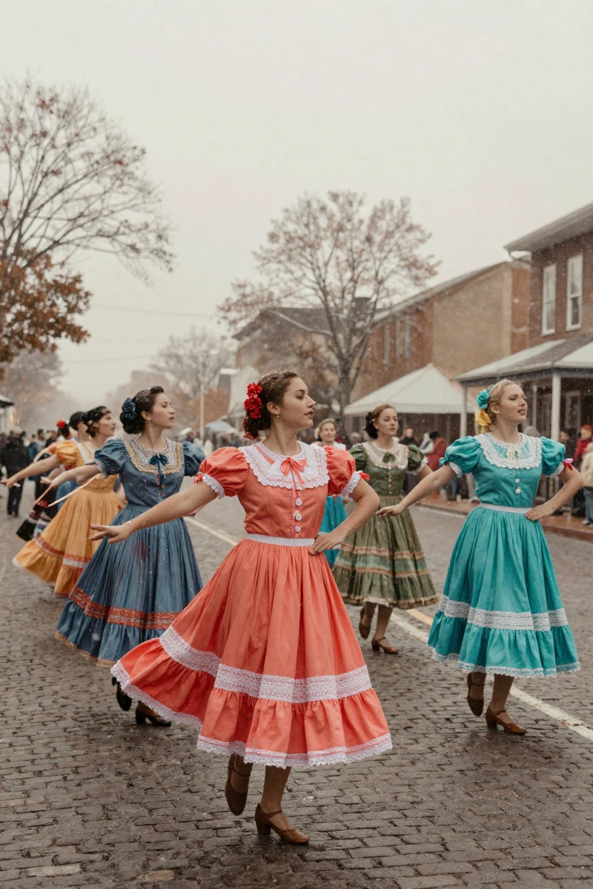 A parade of dancers in colorful traditional costume winding through a street, in the pale light just before sunrise, amid gently falling snow, in the mild days of early autumn, in vivid coral and turquoise hues, captured from a low angle looking up.