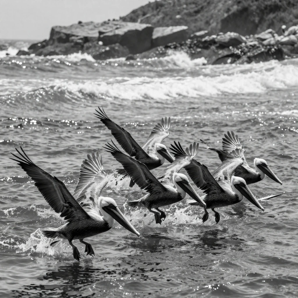 A group of pelicans dives in unison for fish along a sunny coastline.