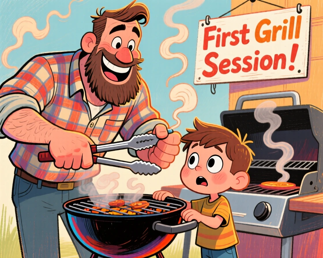 A father teaching his son to grill for the very first time, tongs in hand.
