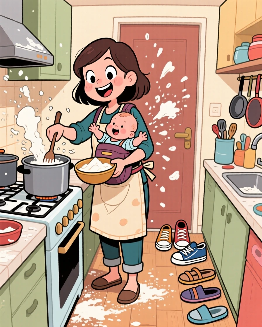A heartwarming scene of a mother and her newborn cooking a meal together in a cramped kitchen, flour flying everywhere, with everyone's shoes kicked off by the door.