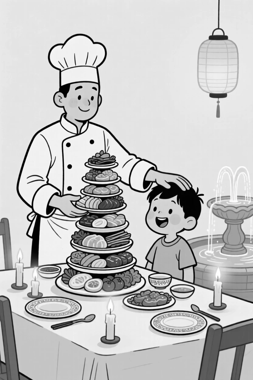 A chef presenting a towering traditional feast, placing a gentle hand atop the child's head, set around a table glowing with warm candlelight. Soft lantern light reflects off a nearby fountain. The scene overflows with communal joy and tradition.