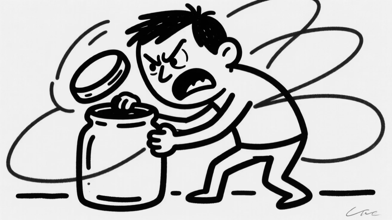 A person struggling to open a stubborn jar lid with intense determination.