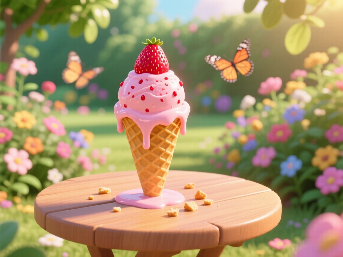 A scoop of melting strawberry ice cream in a waffle cone sits at a small table overlooking a garden, with a few crumbs scattered artfully around. A cheerful, mouthwatering warmth surrounds the dish.