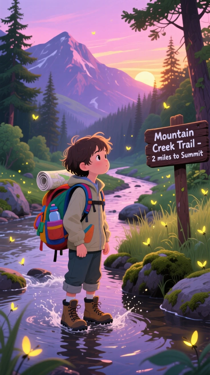 A young explorer with a backpack pauses while wading through a shallow mountain stream in a rocky mountain trail, as fireflies begin to appear at dusk.