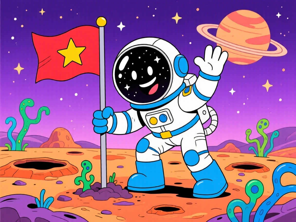 An astronaut planting a flag on the surface of a distant planet.