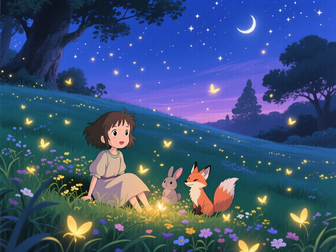 A nighttime scene of a firefly-lit meadow glowing softly after dusk, softly glowing with warmth.