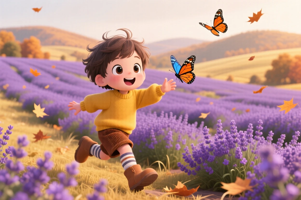 Medium shot of a small child, chasing butterflies through a field of lavender, in a rolling purple flower field, during golden autumn harvest season, illuminated by diffused overcast light, radiating curious excitement.
