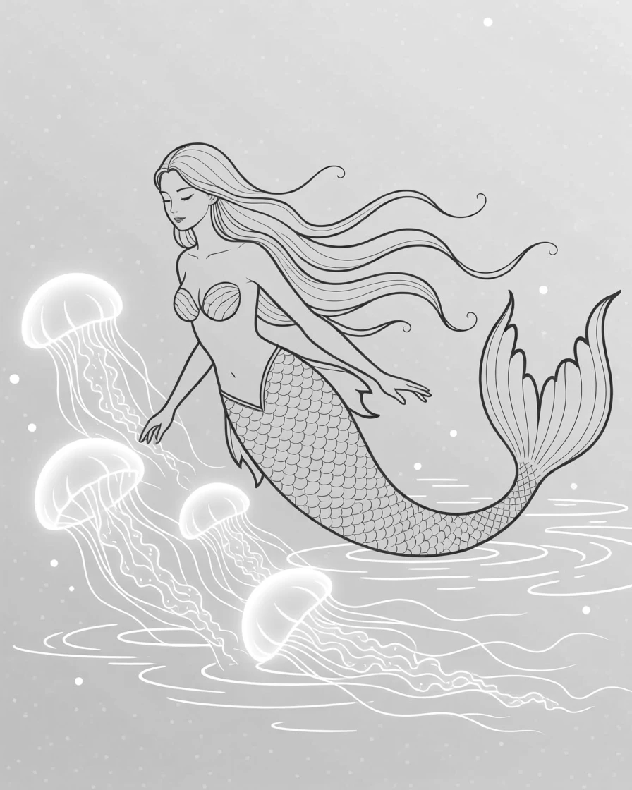 A mermaid swimming alongside a pod of glowing jellyfish