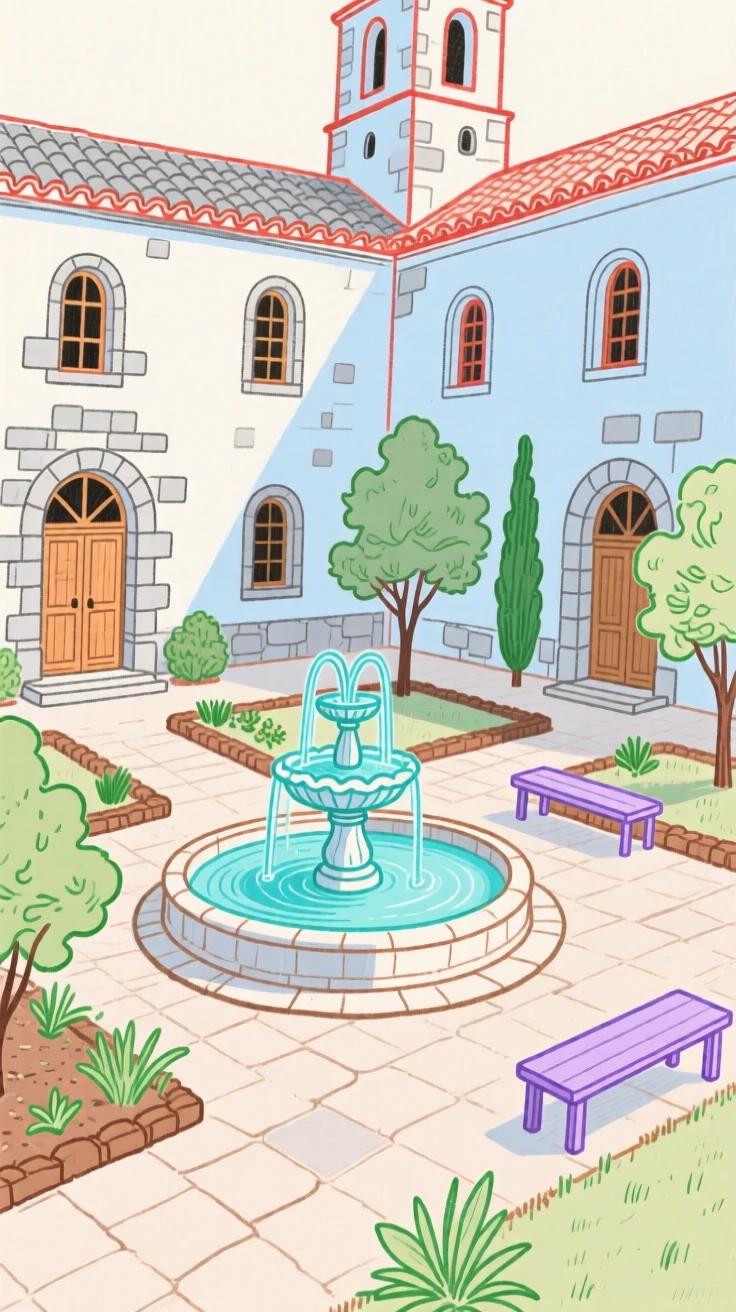 A quiet monastery courtyard with a central fountain.