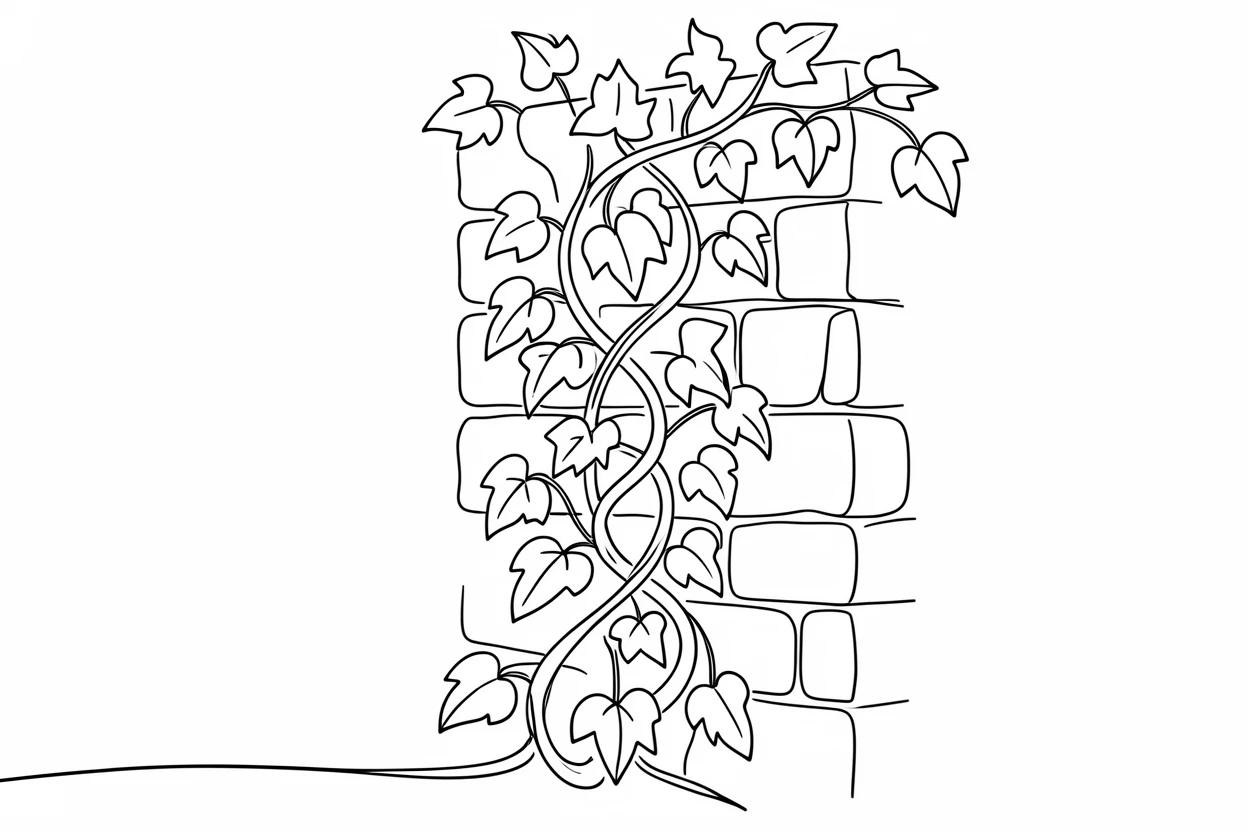 A tangle of climbing ivy winding up an old stone wall