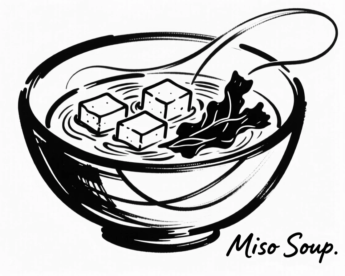 A bowl of miso soup with tofu and seaweed.