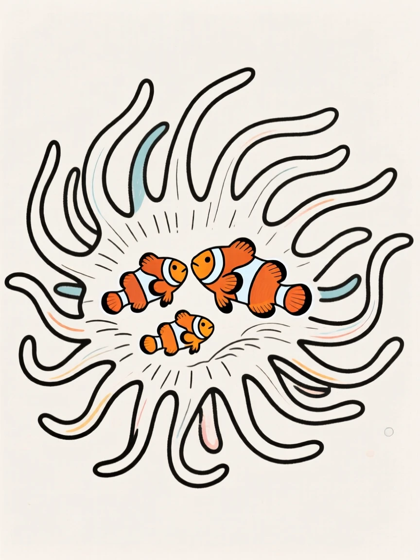 A tiny clownfish family nestled safely inside a sea anemone.
