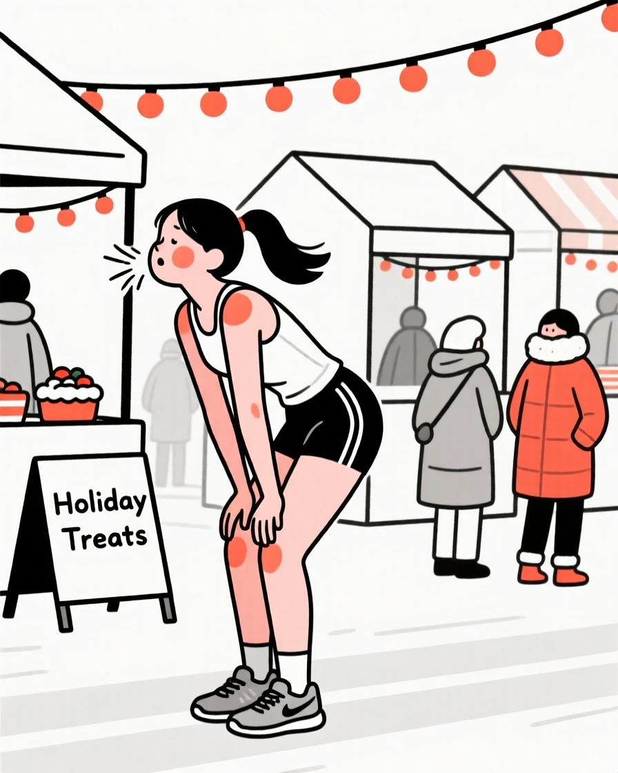 A marathon runner catching her breath at a bustling holiday market.