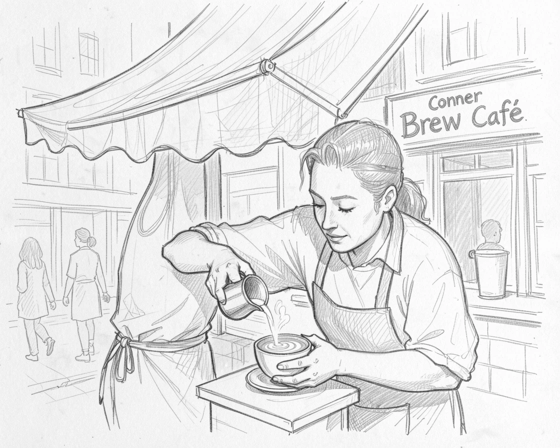 A warm everyday moment: a barista carefully pouring latte art on a bustling downtown corner, with a gentle breeze rustling awnings overhead.