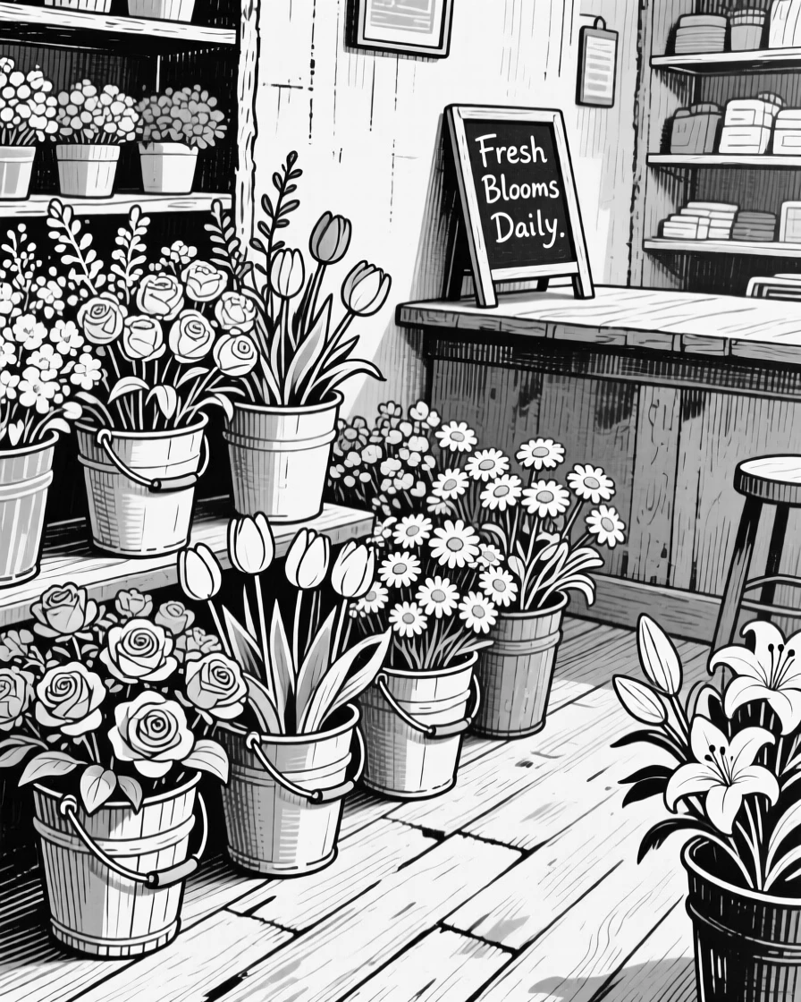 A charming flower shop interior filled with buckets of fresh blooms.