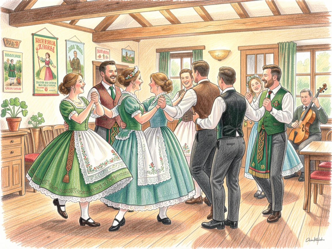 A traditional Irish ceili dance in a warmly lit village hall, filled with vibrant, culturally rich visual elements, evoking a sense of timeless tradition and heritage.