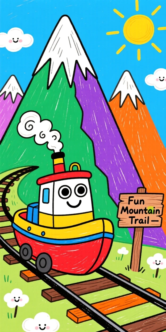 A small tugboat chugging along tracks beside a mountain range.