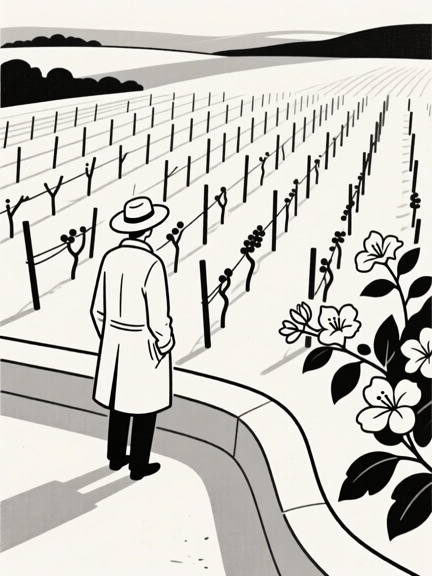 A traveler standing before a vineyard terrace in a countryside dotted with vineyards, with blooming bougainvillea nearby, feeling timeless nostalgia.