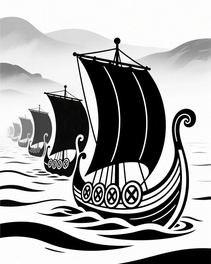 Viking longships sailing toward a foggy coastline.