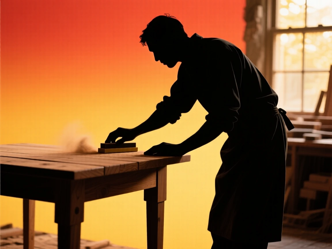 A woodworker carefully sanding the edge of a handmade table.