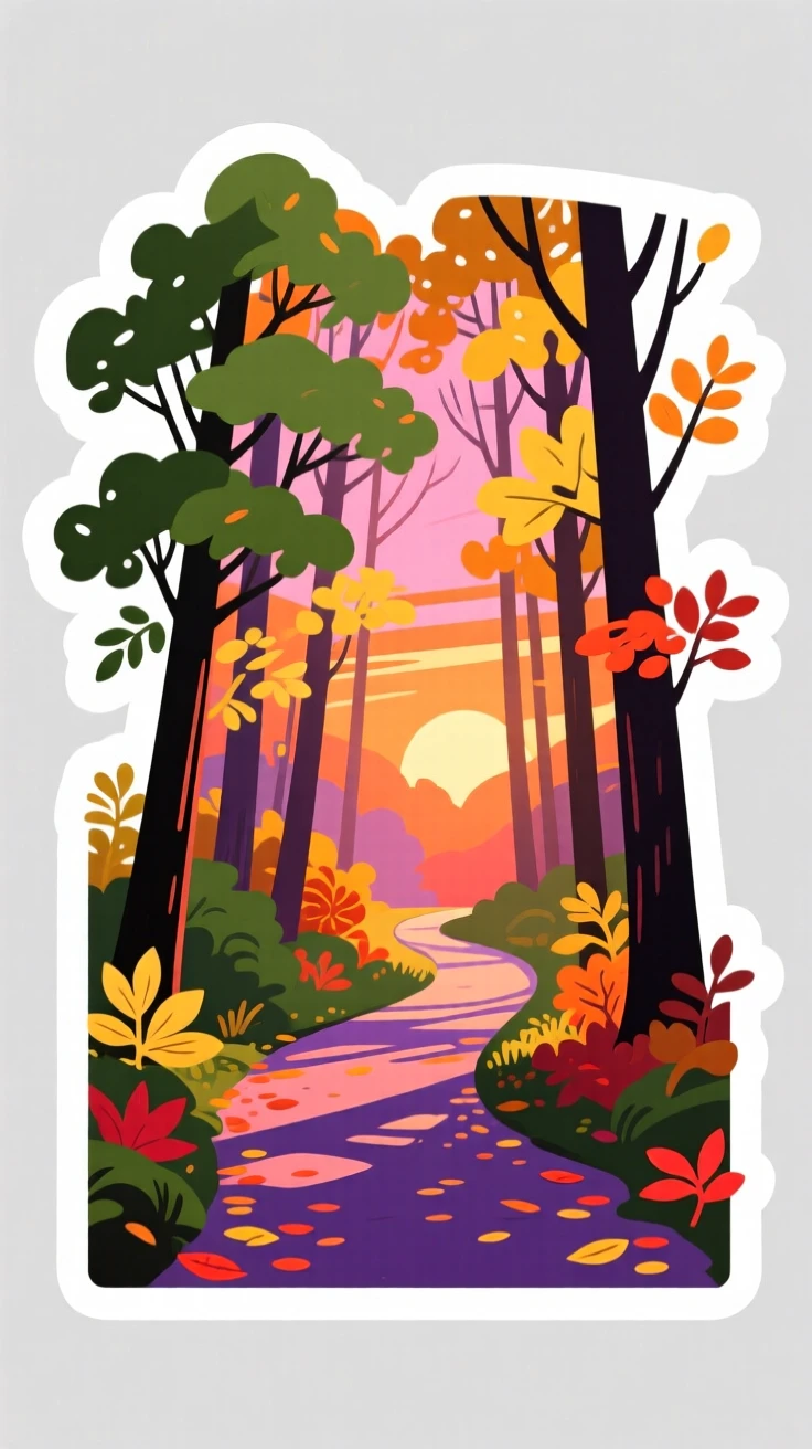 A richly colored quiet forest path dappled with sunlight, reflecting the colors of the sunset, as the seasons begin to change.