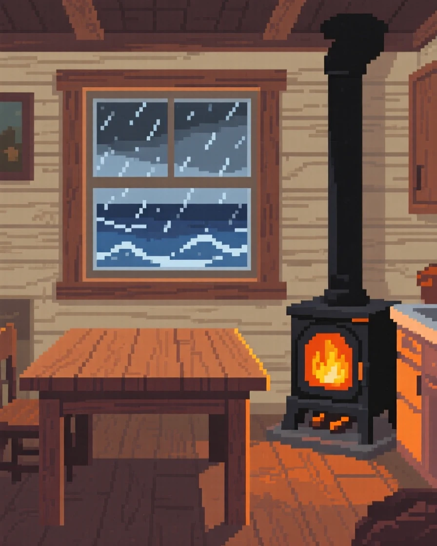 A warm kitchen table warmed by a small wood stove nearby, inside a seaside cottage during a storm.