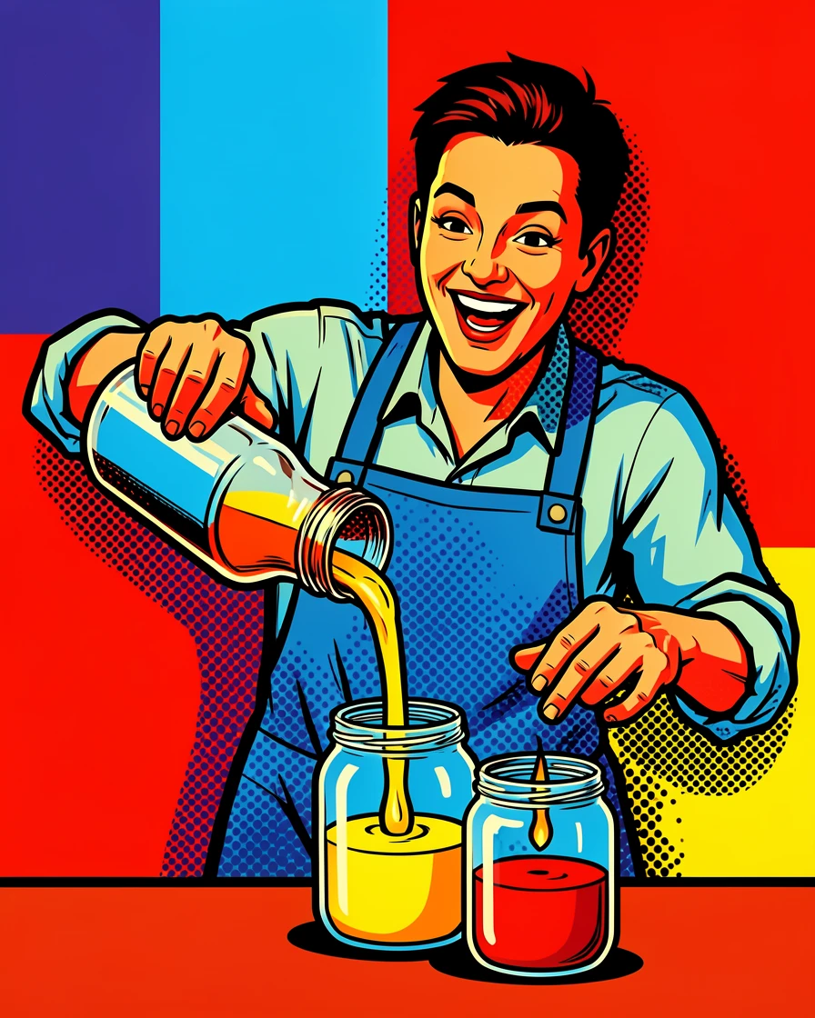 A candle maker pouring wax into glass jars