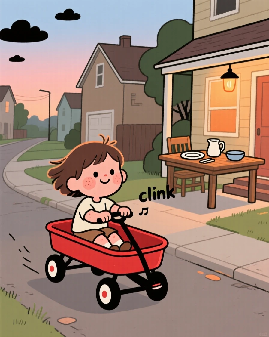 A child rides a red wagon down a quiet suburban street on a warm summer evening, laughing with the wind in their hair as the clink of dinner being set out drifts from a nearby porch.