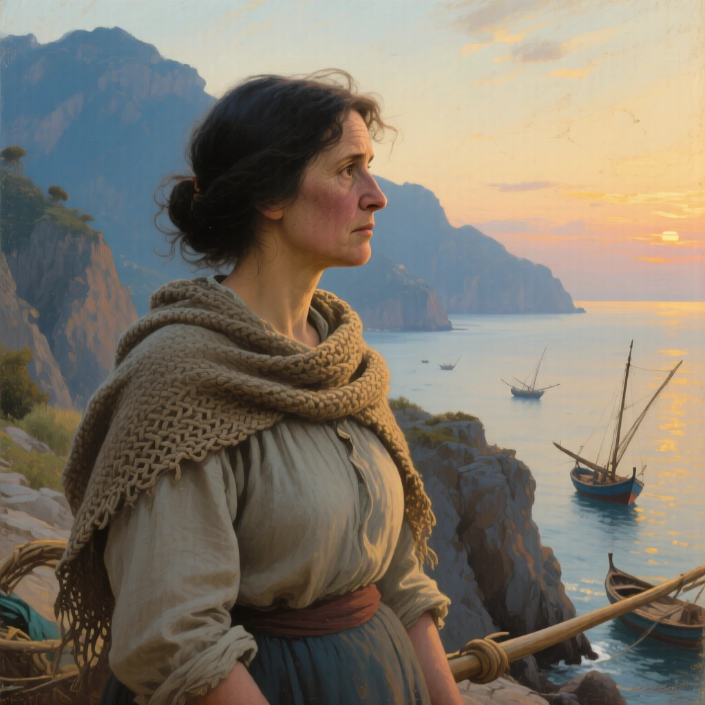 A detailed close shot of a fisherman's wife scanning the horizon for returning boats, along the Amalfi coast, at dusk.