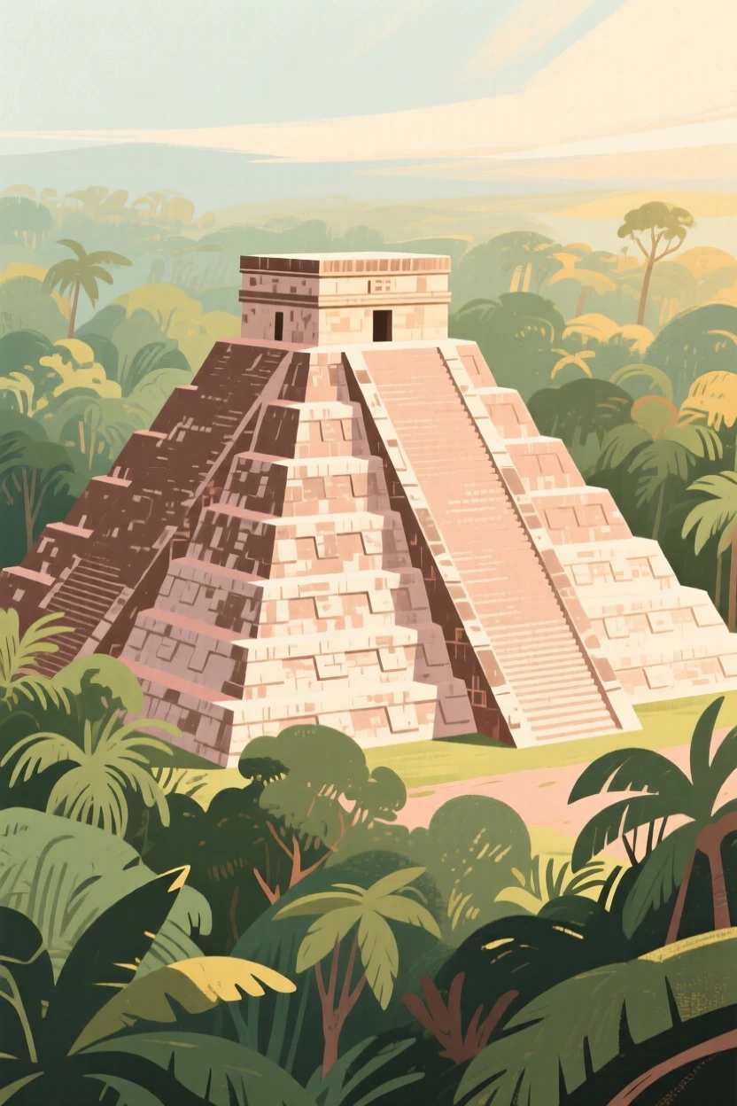 A view of Chichen Itza's pyramid rising above the jungle canopy