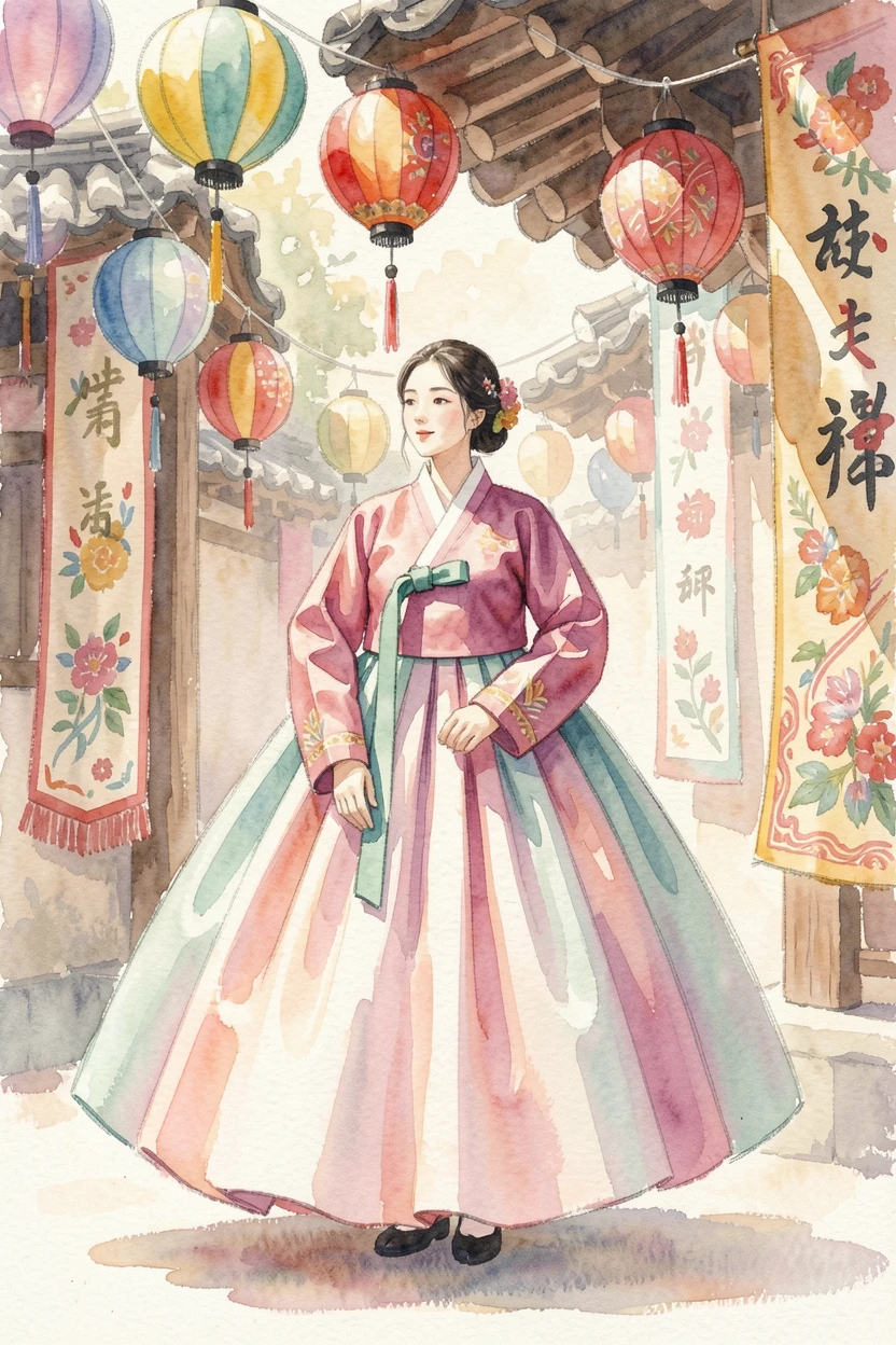 A traditional Korean hanbok worn during a festival surrounded by vibrant traditional decorations.