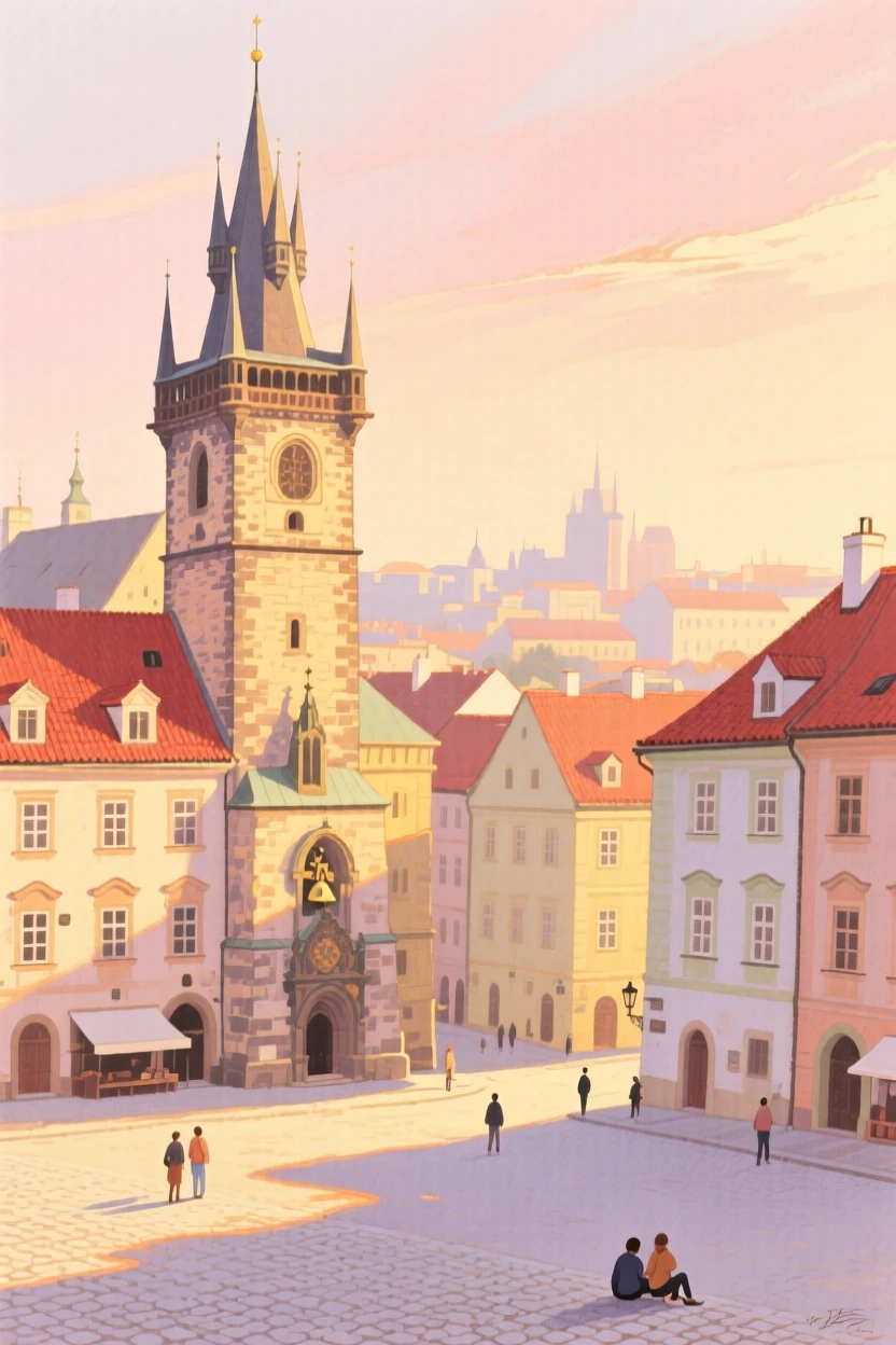 A picturesque view of an old quarter in Prague with a bell tower overlooking the town square, at golden hour