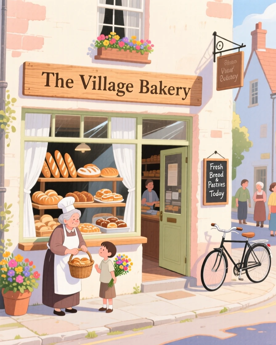 A small village bakery with bread in the window, bustling gently with everyday village life.